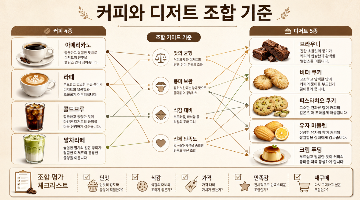 아메리카노와 라떼, 콜드브루에 어울리는 카페 디저트 조합 기준 이미지