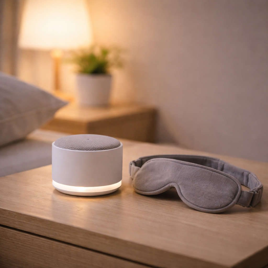 이명 완화를 위해 수면용 환경음을 사용하는 상황을 표현한 정물