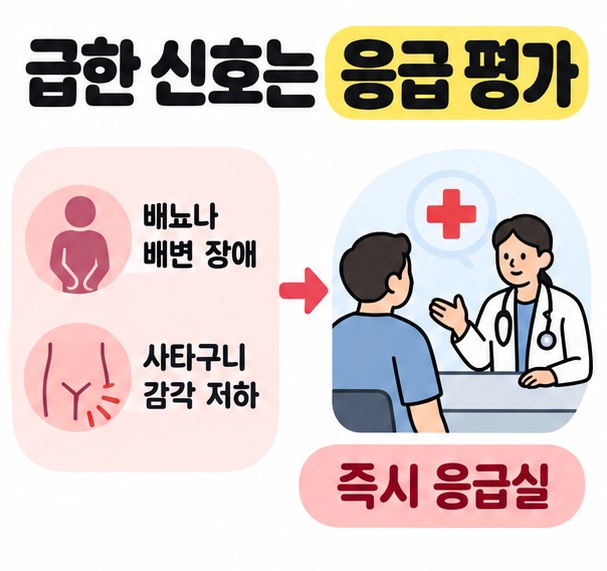 배뇨나 배변 장애와 사타구니 감각 저하를 즉시 응급실 평가가 필요한 신호로 묶어 의료진에게 연결한 그림