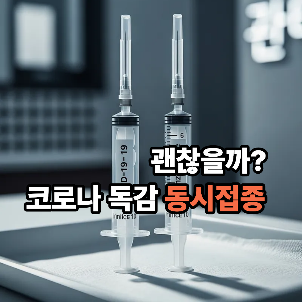 독감 백신과 코로나 백신 주사기가 나란히 있는, 깔끔하고 전문적 이미지