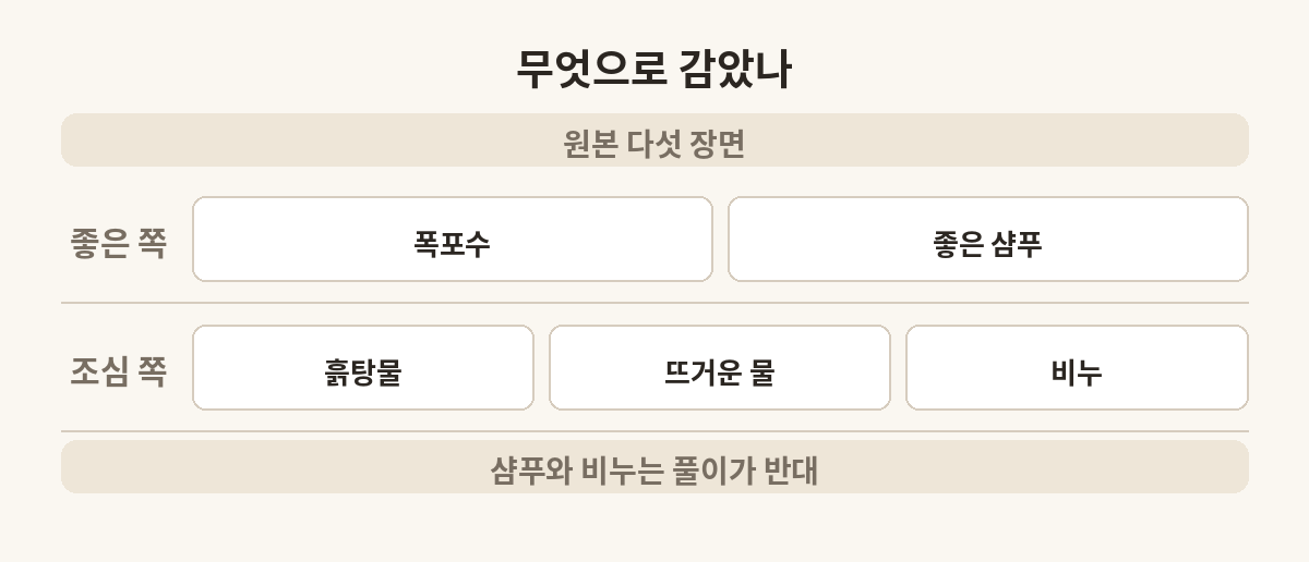 머리를 무엇으로 감았는지에 따라 좋은 쪽과 조심하는 쪽으로 나눈 도식