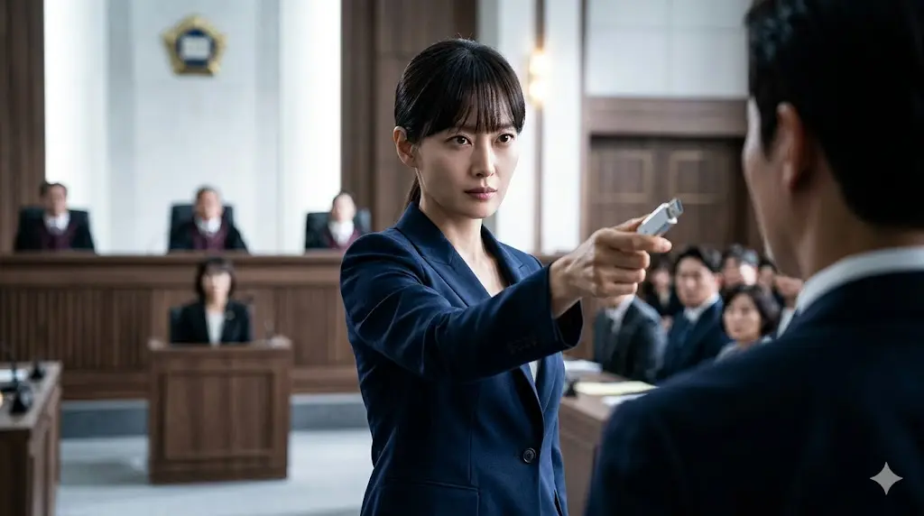 아너 그녀들의 법정 주인공 윤라영이 팽팽한 긴장감이 흐르는 재판장 한가운데서 피고인을 향해 서늘한 눈빛으로 결정적 증거가 담긴 USB를 제시하며 폭발적인 변론을 펼치는 명장면