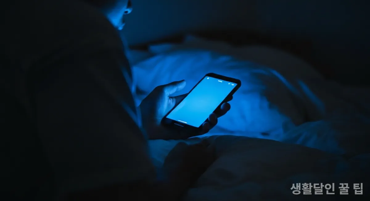 어두운 침실에서 블루라이트를 내뿜는 스마트폰 화면 클로즈업