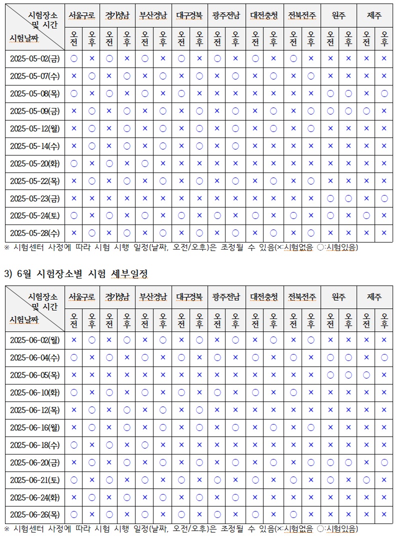 2025년 5월, 6월 시험장소에 따른 시험일자