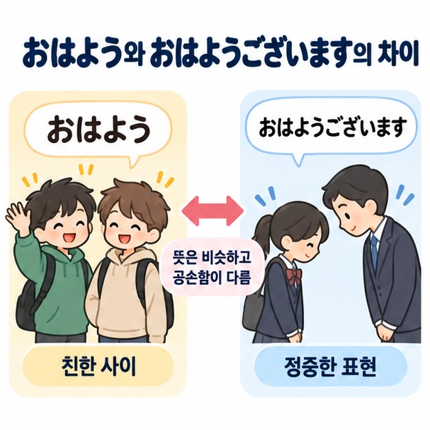 오하요와 오하요 고자이마스의 공손함 차이를 비교하는 일본어 학습 이미지