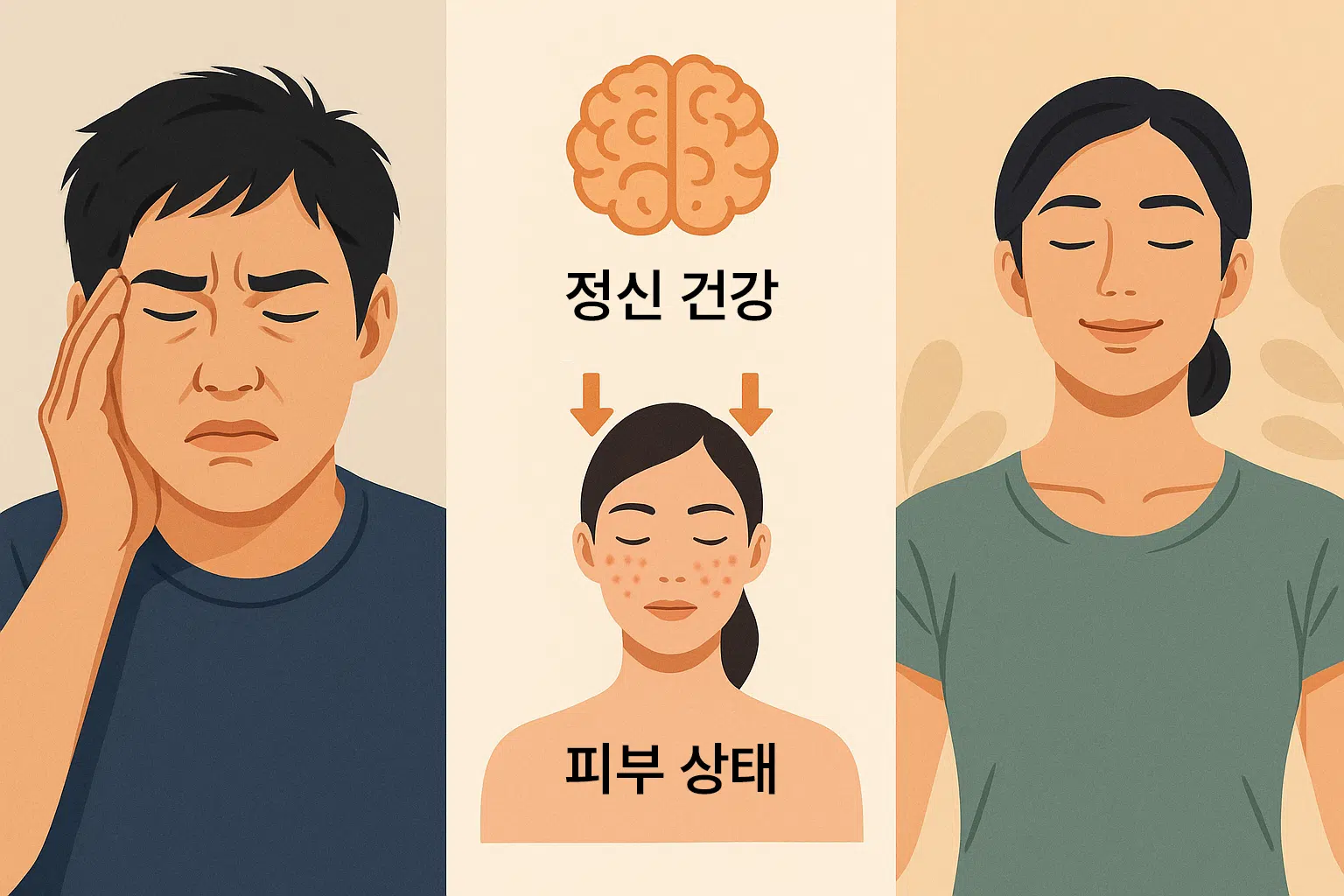 스트레스를 받는 사람의 얼굴, 정신 건강과 피부 상태를 연결하는 그래픽, 명상하거나 운동하는 사람의 편안한 표정