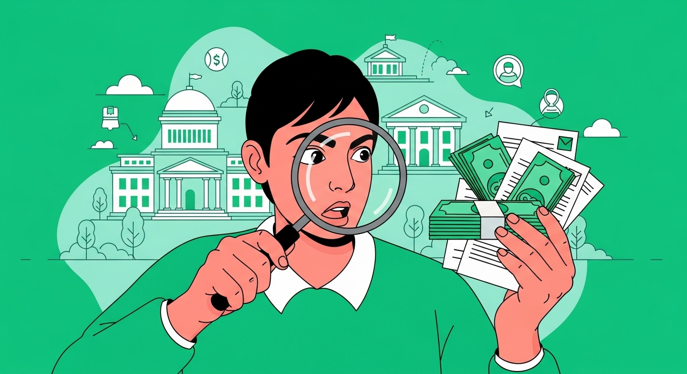 돋보기를 들고 돈과 서류 더미를 자세히 살펴보며 숨겨진 지원금을 찾는 사람. 배경에는 정부 기관을 상징하는 건물과 커뮤니티가 녹색 계열로 표현되어 희망적인 분위기를 자아냅니다.