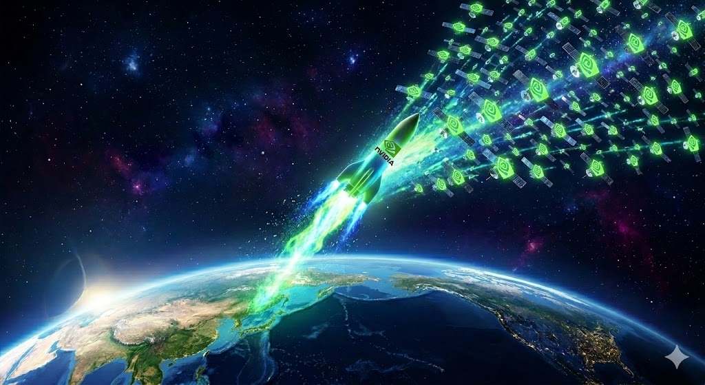 지상에서 하늘을 향해 뻗어 나가는 엔비디아 로고의 불꽃이 우주 공간에서 거대한 인공위성 군단으로 변하는 초현실적인 3D 일러스트
