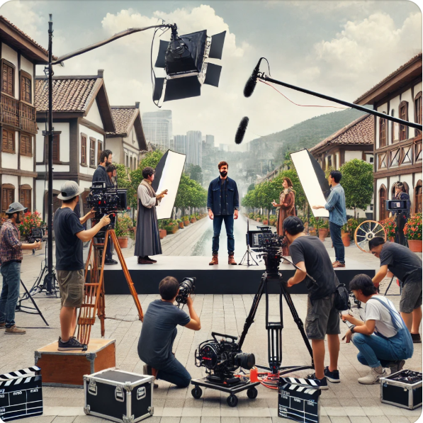 야외 세트장에서 촬영 중인 이미지