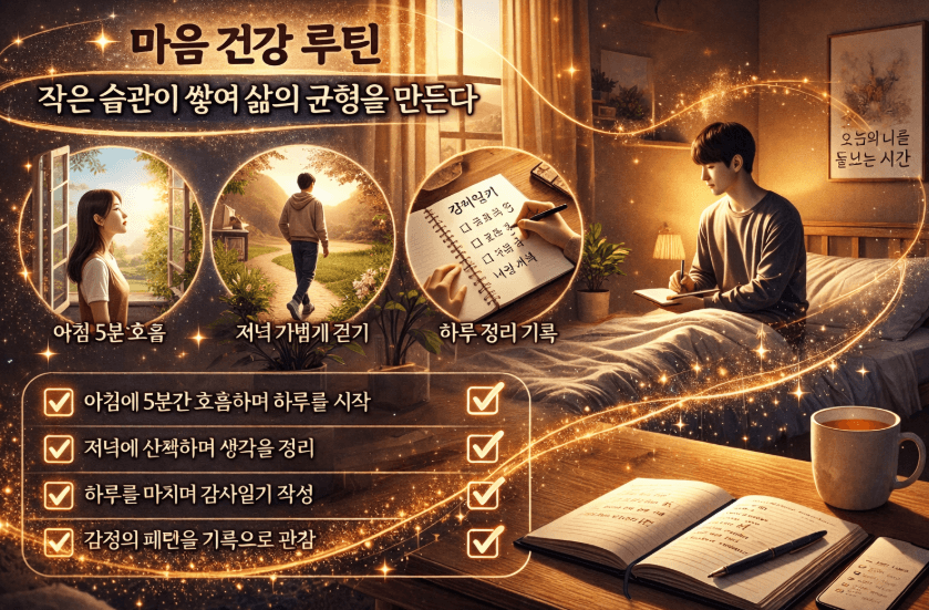 침대에 앉아 감사 일기 쓰는 장면