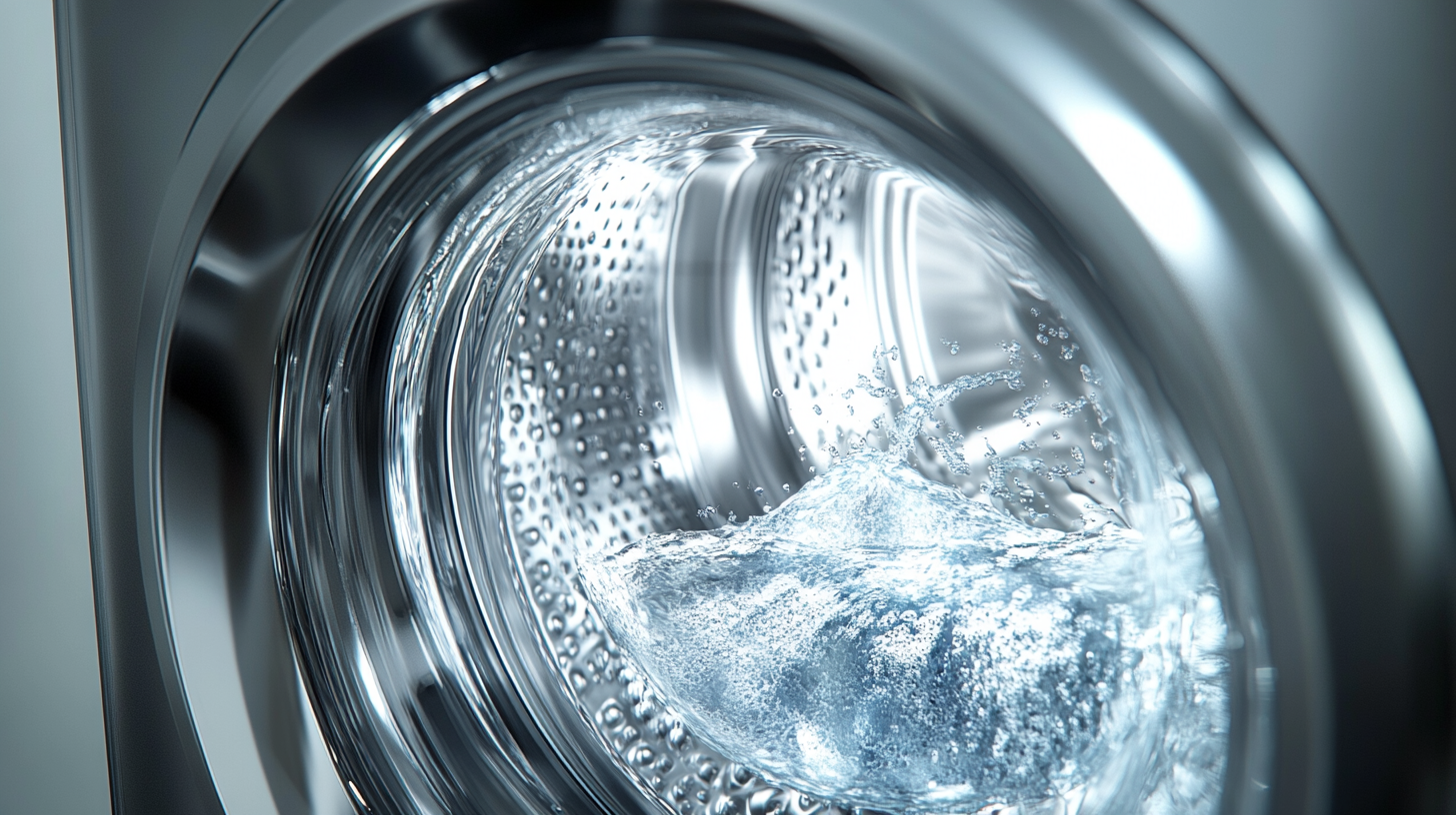 LG 세탁기의 투명한 드럼 속에서 물 흐름과 세제가 분포되는 모습을 클로즈업으로 촬영한 장면, 세부적인 요소가 잘 보임.