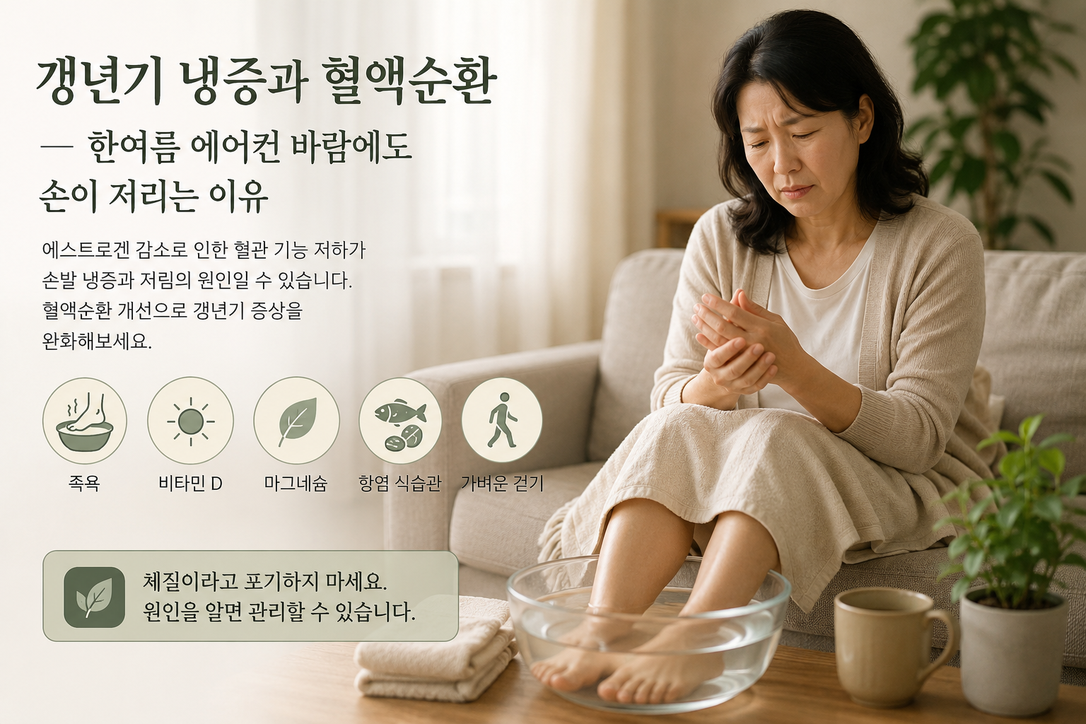 갱년기로 손발이 차고 손 저림을 느끼는 중년 여성이 족욕을 하며 혈액순환을 관리하는 모습