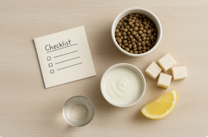 &lsquo;단백질 분배&middot;철분&middot;비타민C&middot;분리 규칙&rsquo;이 적힌 메모와 식품 정물.