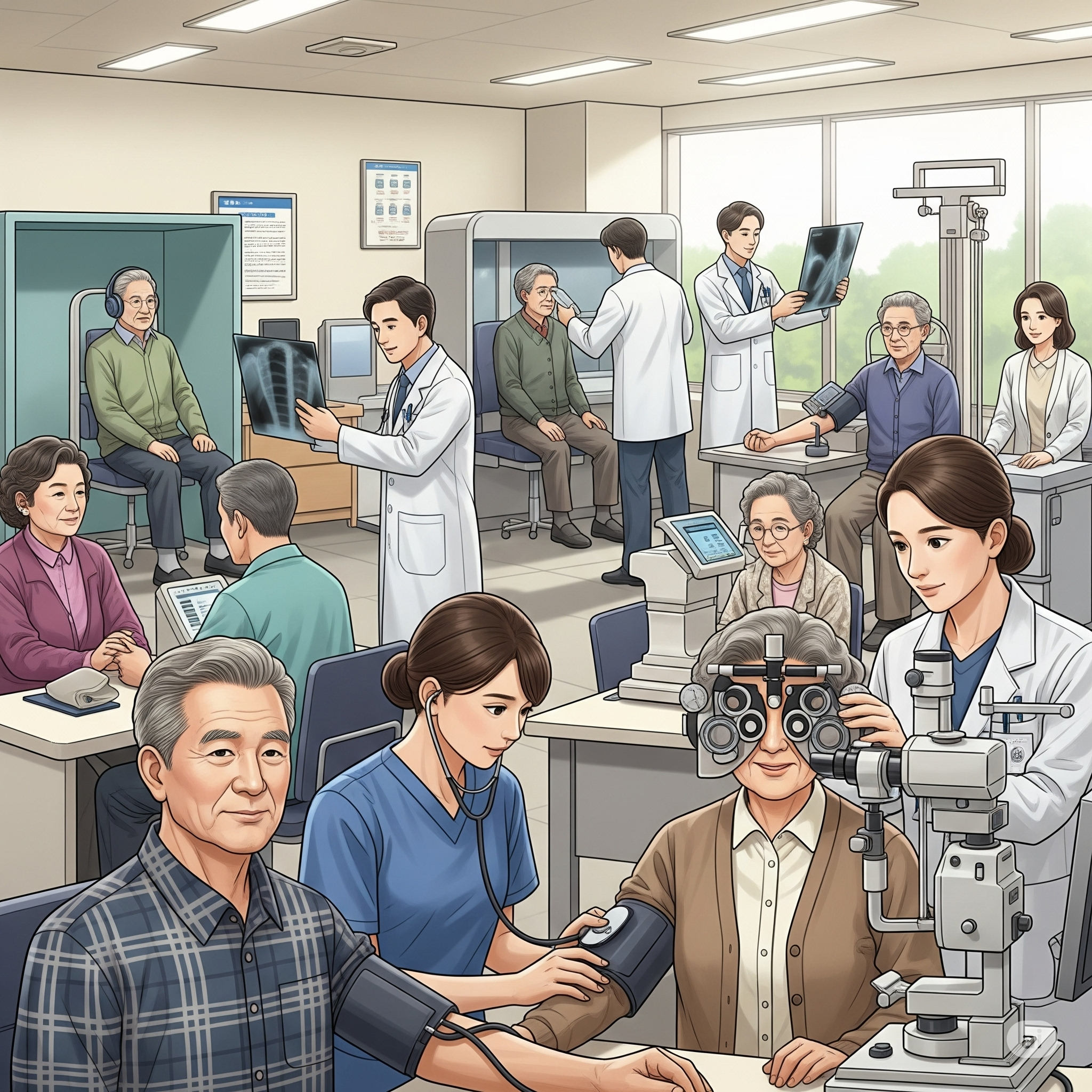 국가유공자들이 검진센터에서 각각 다른 검사를 받는 모습