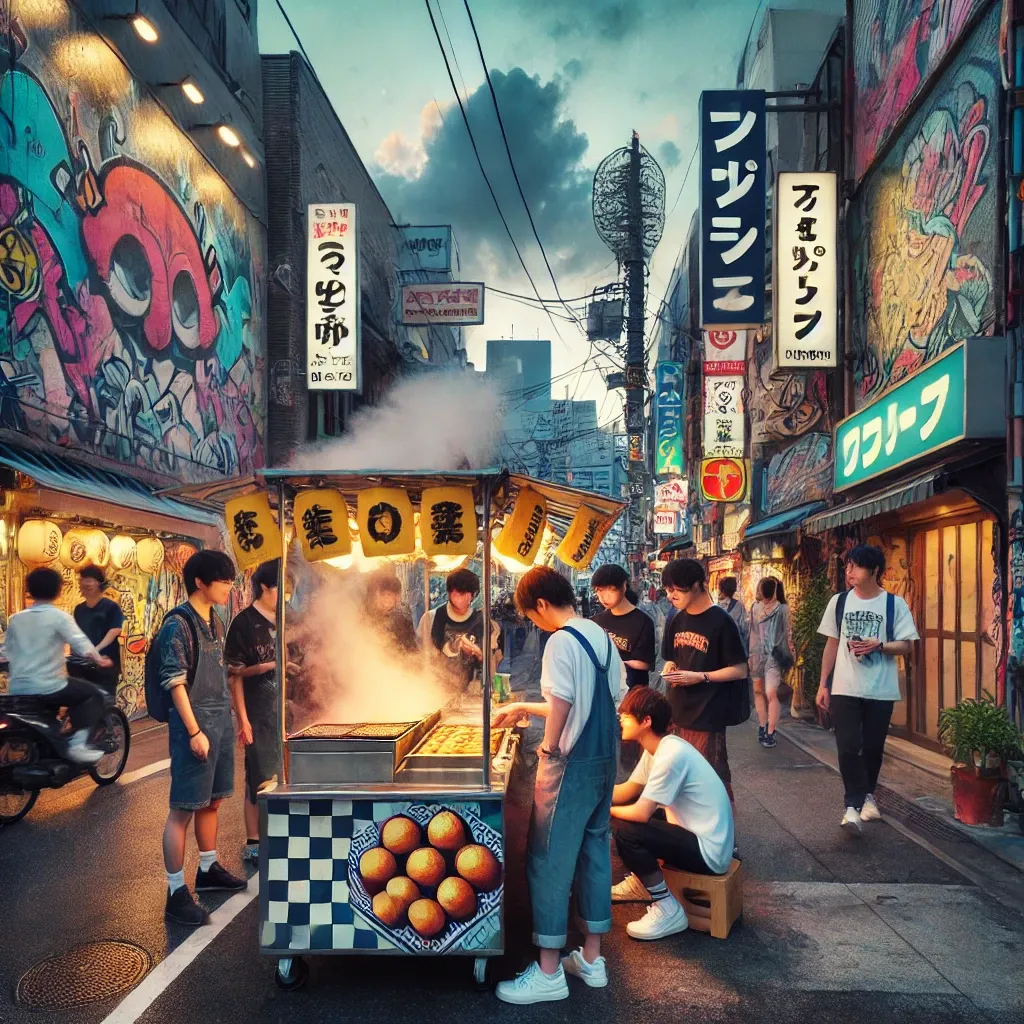 오사카 아메리카무라 타코야키 가판대 앞에서 모여 있는 친구들&amp;#44; 저녁의 따뜻한 조명 아래 네온 사인이 켜지며 활기찬 거리 풍경.