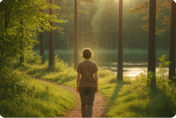 잔잔한 자연 배경 속에서 고요하게 혼자 걷는 사람의 뒷모습