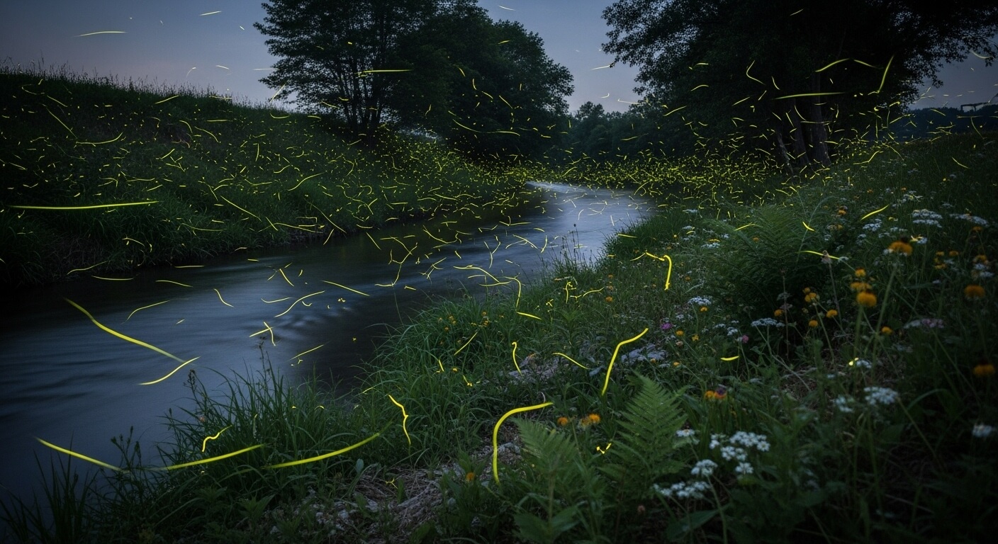 강가 주변에서 수많은 반딧불이가 밤하늘을 수놓은 모습