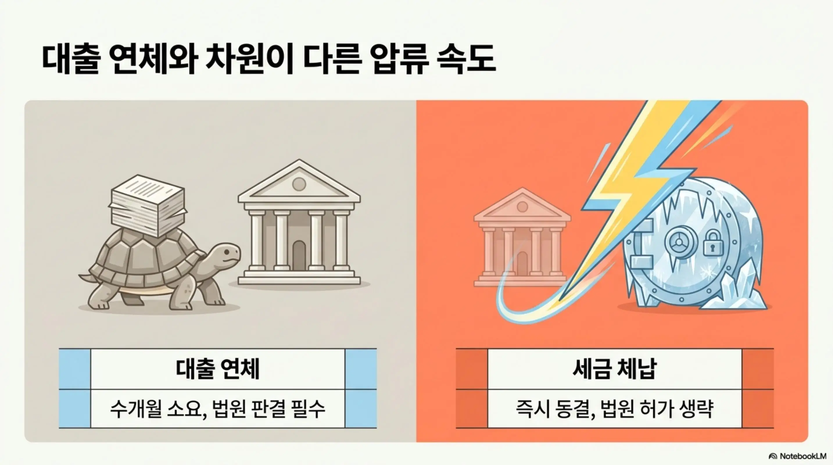 세금체납 통장압류 피하는법: 대출 연체와 차원이 다른 압류 속도라는 제목의 인포그래픽. 대출 연체는 서류를 짊어진 거북이와 법원 건물로 수개월 소요와 법원 판결 필수를 표현하고 세금 체납은 번개에 얼어붙은 금고로 즉시 동결과 법원 허가 생략을 표현하며 블로그의 세금 체납 압류와 대출 연체 압류의 차이와 관련된 내용을 설명함 