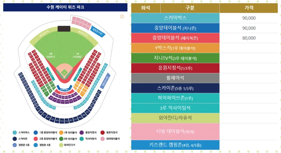 수원KT위즈파크 좌석배치도 티켓 가격