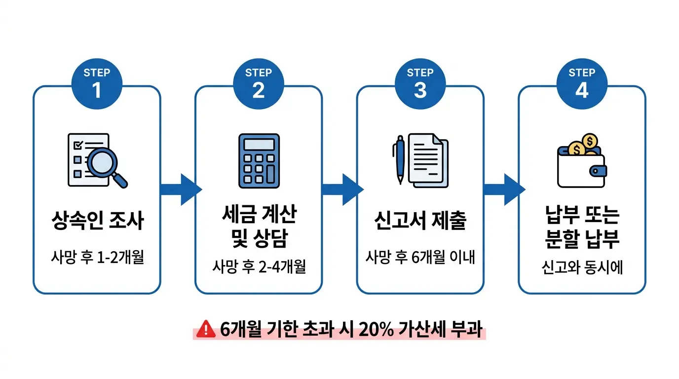 상속세 신고 절차 4단계 플로우차트 &mdash; 재산조사&middot;세액계산&middot;신고서제출&middot;납부 단계 안내