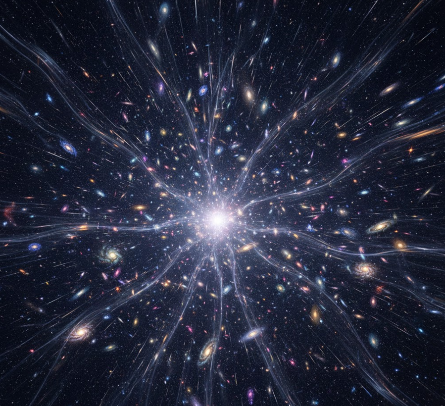 암흑에너지의 영향으로 인해 은하들 사이의 거리가 빛보다 빠른 속도로 멀어지며 우주가 가속 팽창하는 모습을 시각화한 우주 공간 일러스트