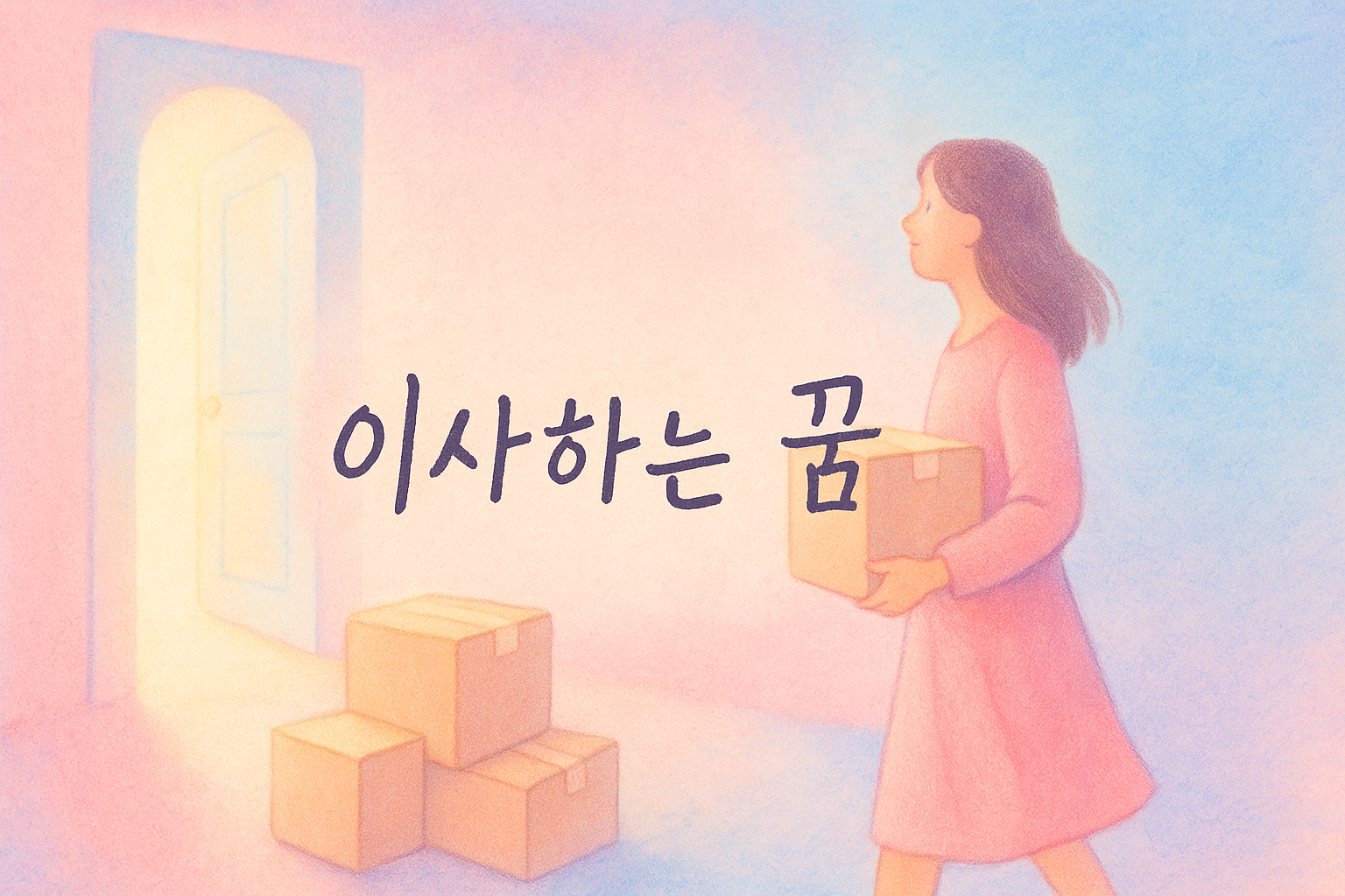 몽환적 파스텔톤, 새집 문앞 상자와 상자를 든 여성, ‘이사하는 꿈’ 필기체 텍스트