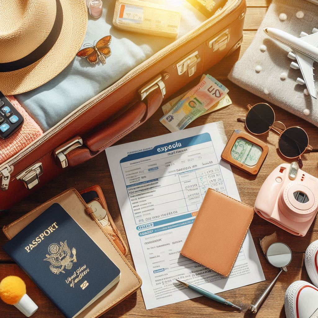 Flat lay of an open suitcase, travel essentials, passport, and a printed Expedia hotel booking confirmation. Bright and cheerful lighting.
