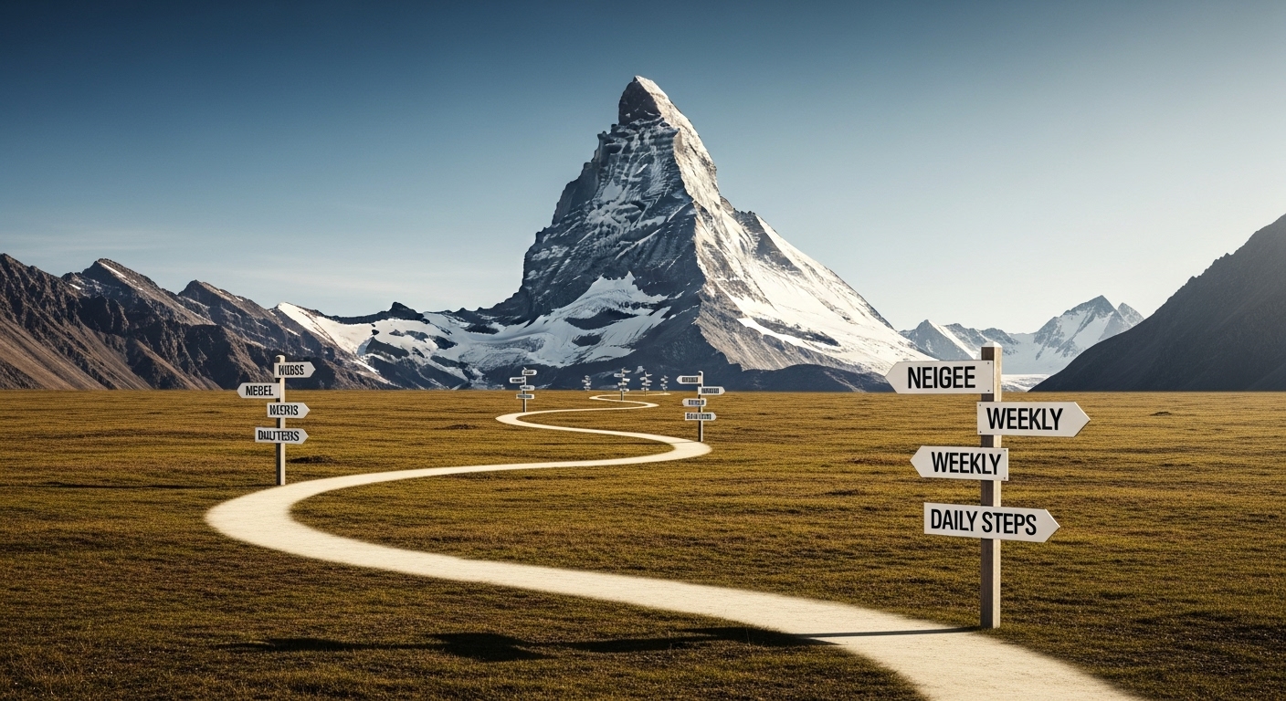 하나의 큰 목표를 주간, 일일 단위의 작은 실행 계획으로 나누어 꾸준히 나아가는 과정을 상징하는 이미지