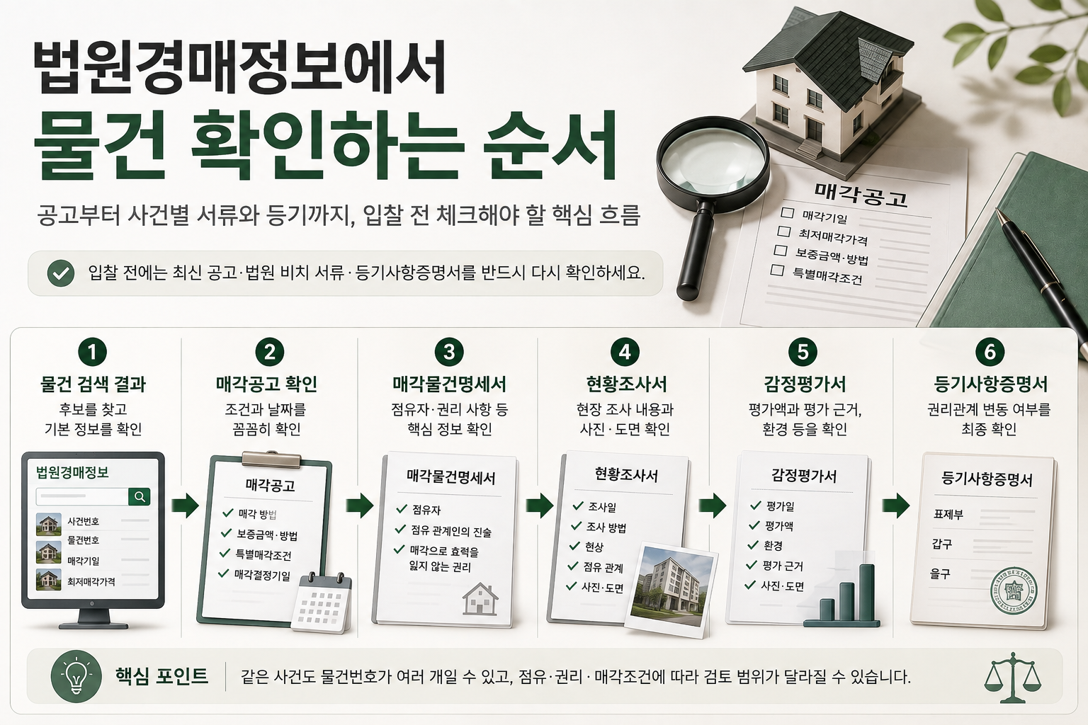 법원경매정보에서 물건 검색부터 등기사항증명서 확인까지의 순서를 정리한 대표 이미지