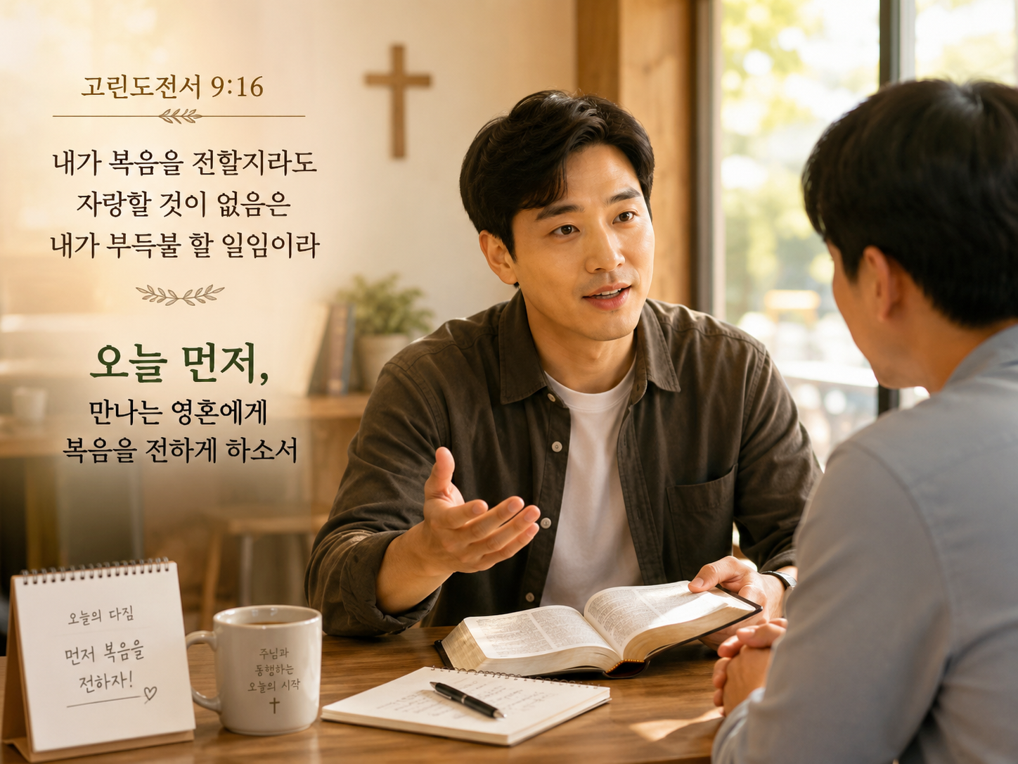 고전 9:16 말씀에서 나의 의무가 복음 전하는 것이라는 것을 묵상하게 되었고, 하룻동안 만나는 영혼들에게 복음 전하려는 시도를 먼저 하는 모습입니다.
