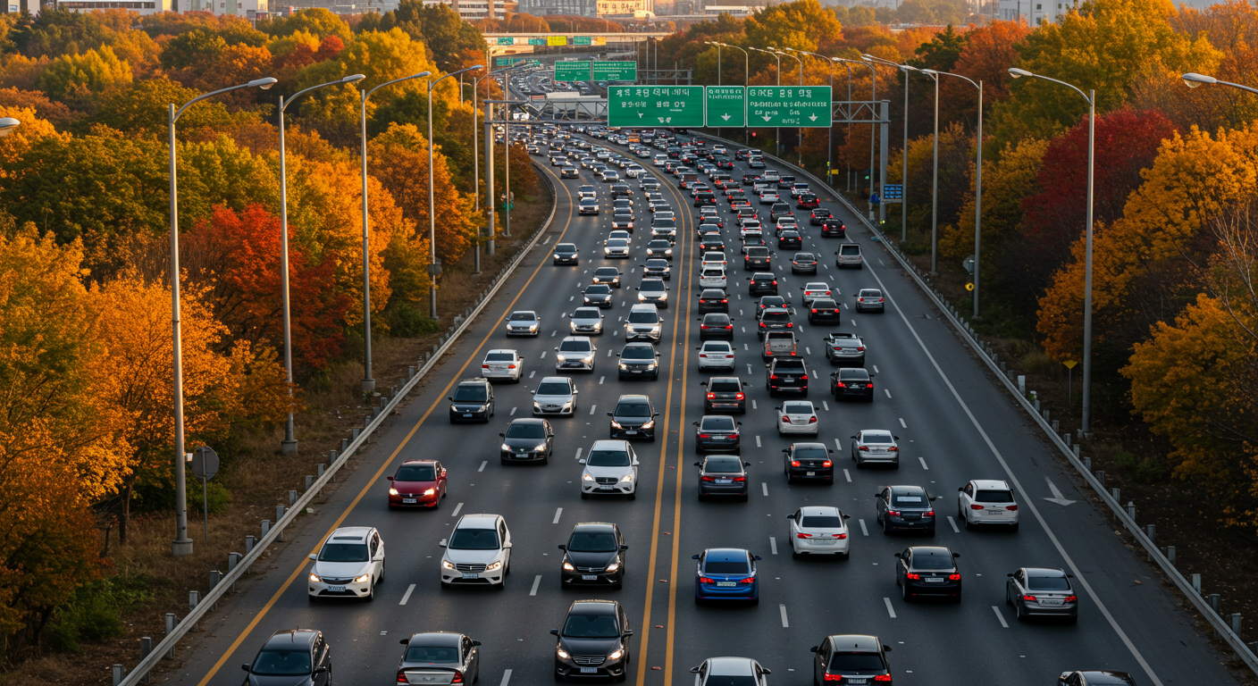 추석 명절 귀성길에 고속도로에서 정체된 차량과 가을 단풍이 어우러진 풍경"