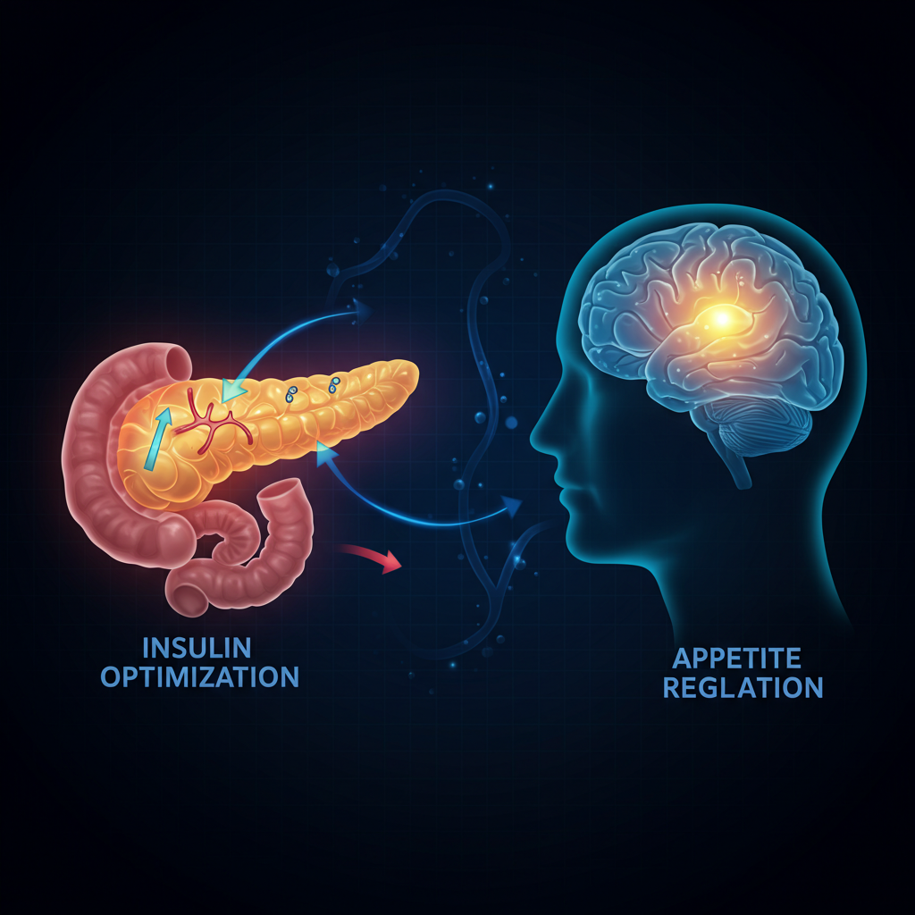 GLP-1 유사체가 췌장과 뇌에 작용하여 식욕을 조절하는 원리를 설명하는 그래픽