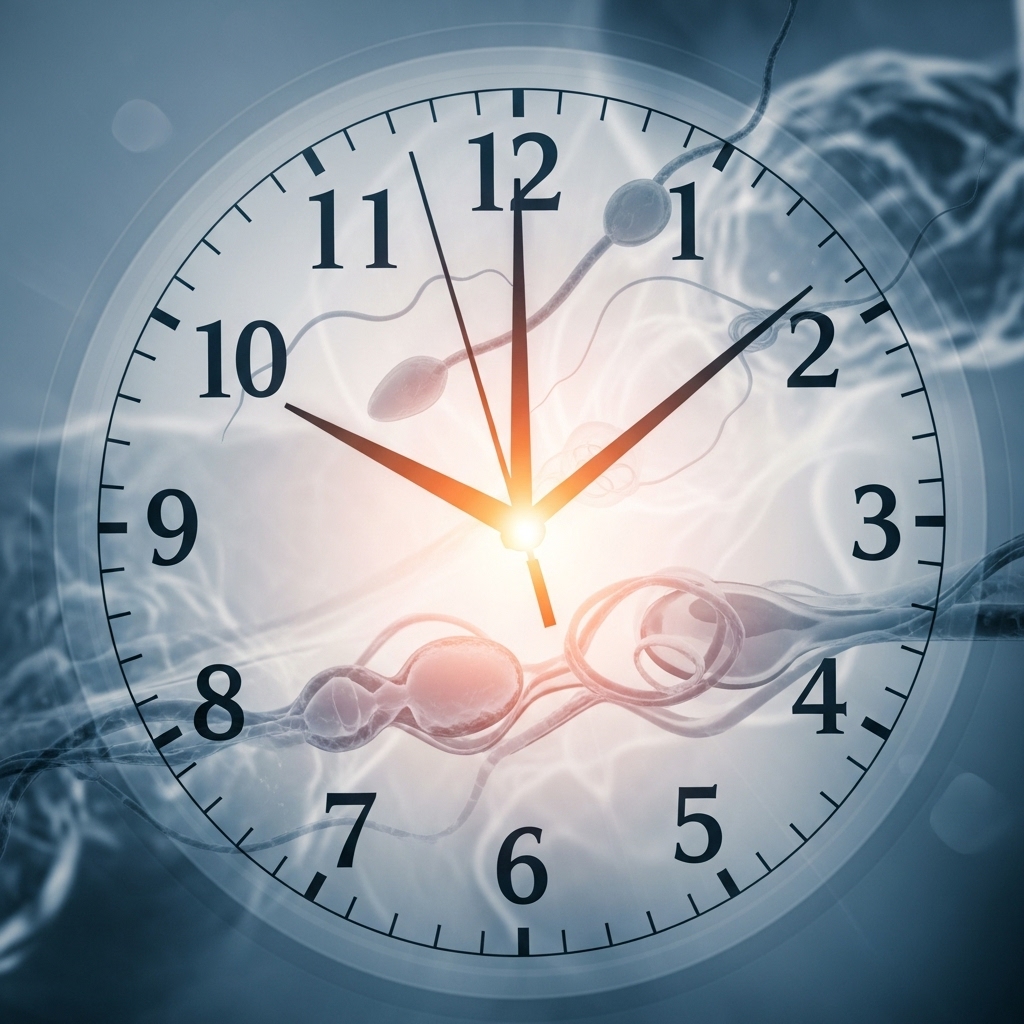 시계와 정자, 난자 이미지가 은은하게 겹쳐진 추상적인 그림. 관계 후 시간과 긴급 피임의 중요성을 나타내는 푸른색과 회색 톤의 차분한 분위기.