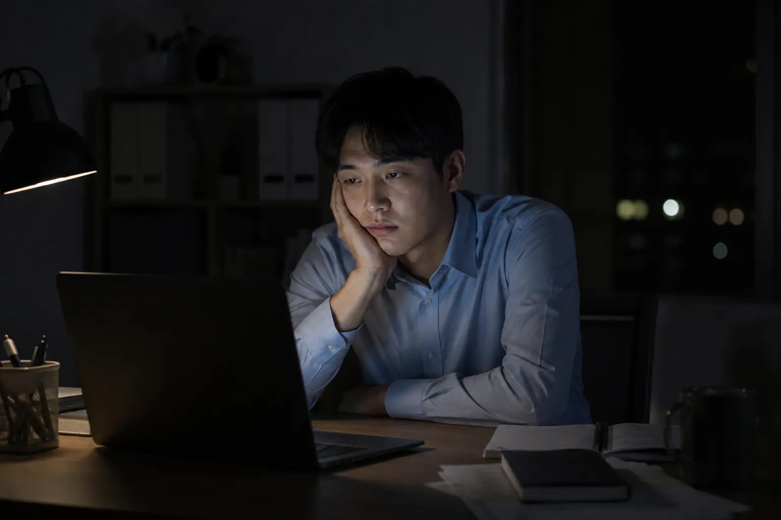 늦은 밤 스마트폰과 노트북을 보며 집중이 안 되는 상태를 느끼는 직장인의 생활 장면