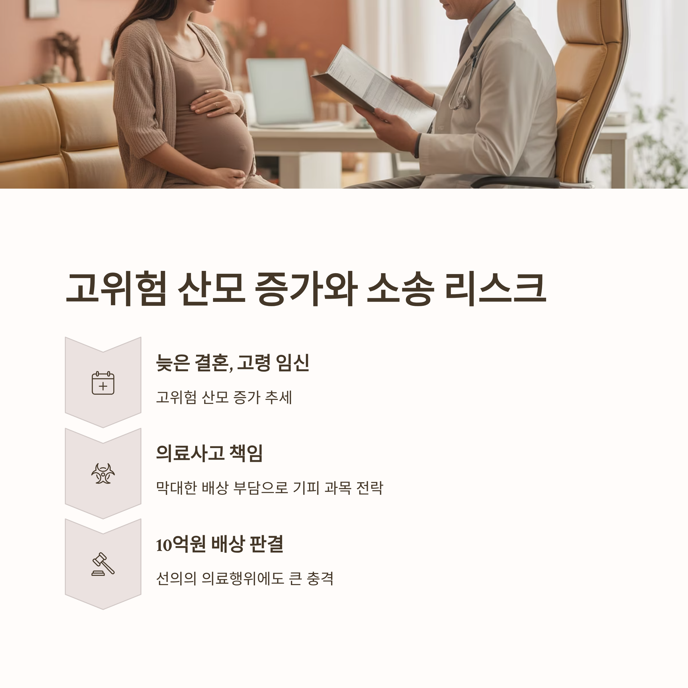 고위험 산모 증가와 의료 소송 리스크를 다룬 인포그래픽으로, 의사와 임산부의 상담 장면과 함께 고령 임신&middot;배상 부담&middot;의료사고 책임 문제가 설명된 이미지