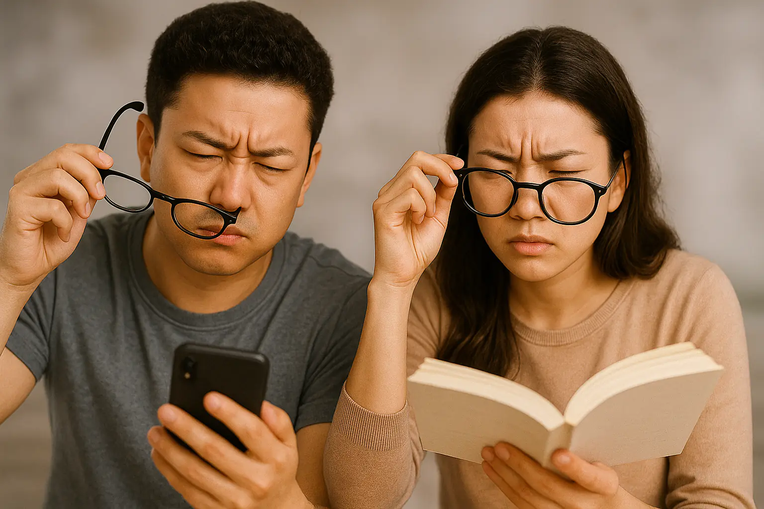 안경을 손에 들고 있지만 착용하지 않고 눈을 찡그리며 책이나 스마트폰을 보는 젊은 남녀