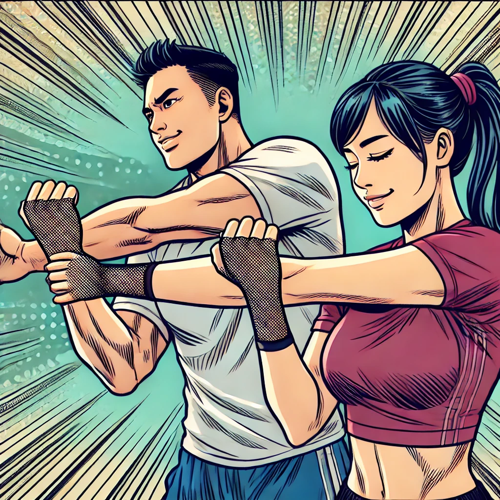 운동 전 팔과 손목을 스트레칭하는 남성과 여성 (엘보 예방 강조)