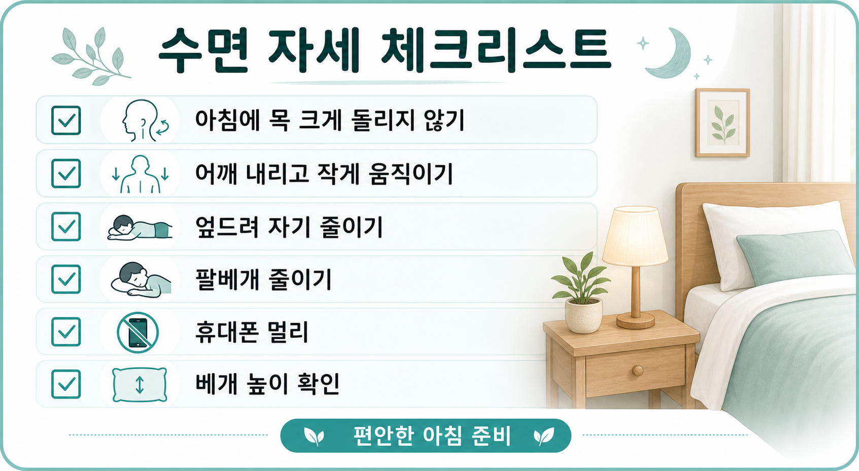 자고 일어나면 목이 뻐근한 날 바로 확인할 수면 자세 체크리스트 카드