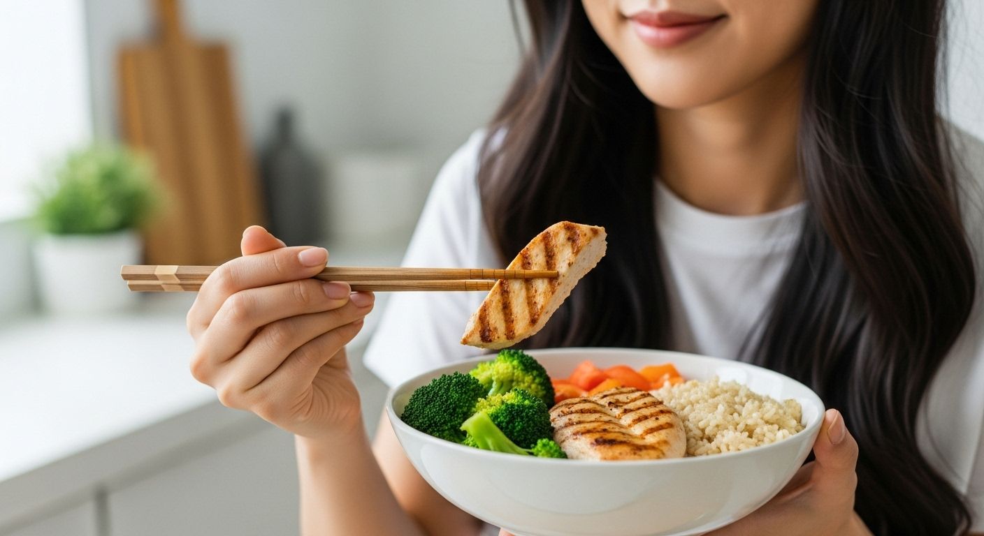 한국 여성의 손이 다이어트 식단을 먹고 있는 장면
