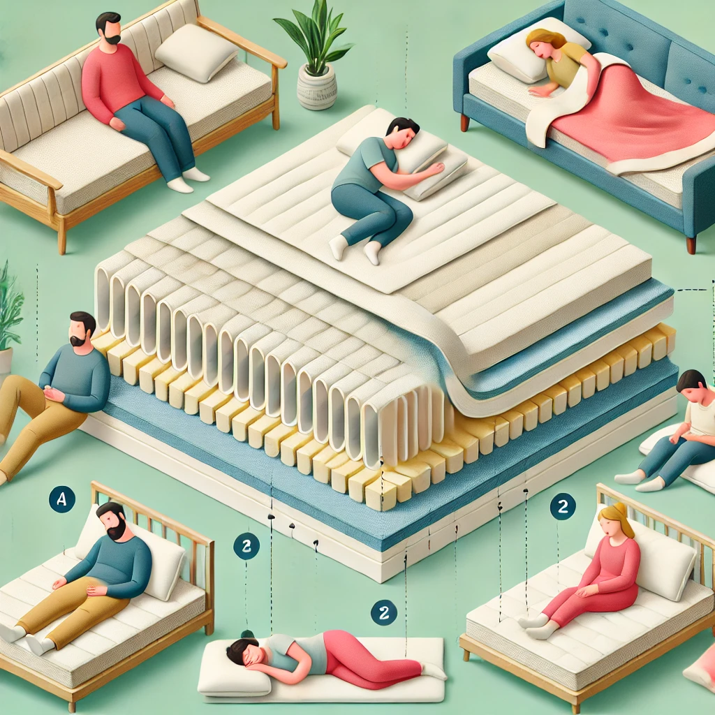 다양한 체형의 사람들이 편안하게 자고 있는 모습, 침대와 베개 단면 구조 이미지