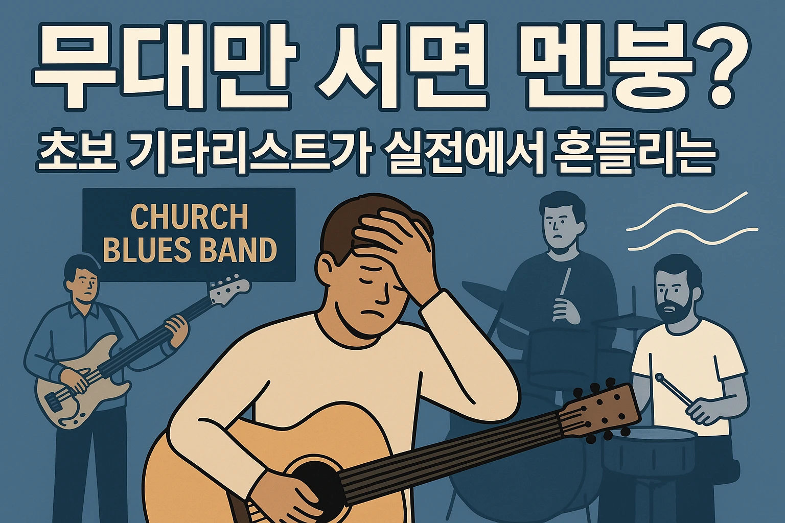 A young guitarist looking stressed on stage with a blues band behind him – concept of beginner guitarist struggling during live performance
