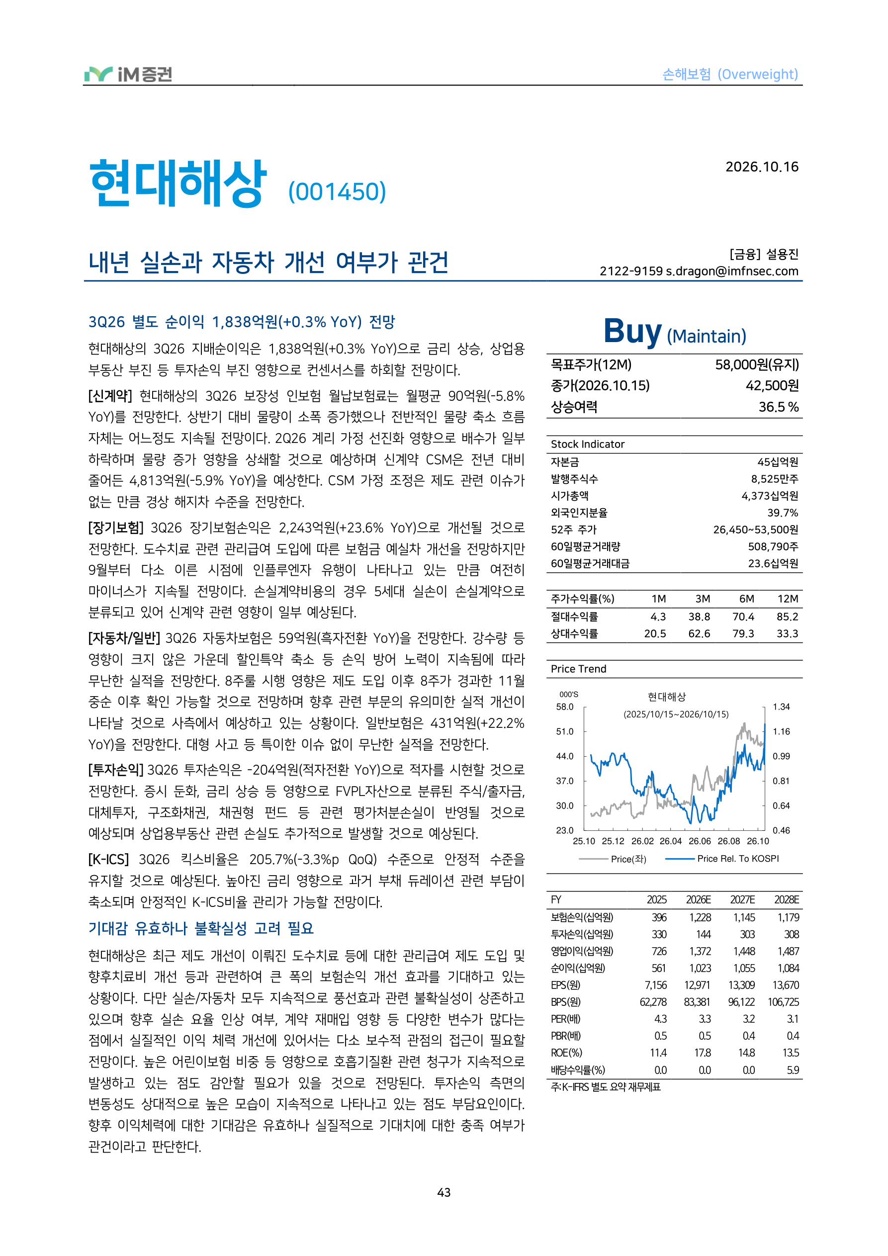 In-Depth Report - 손해보험 3Q26 Preview - 투자손익 부진에도 보험손익은 점진적 개선_iM증권 43페이지