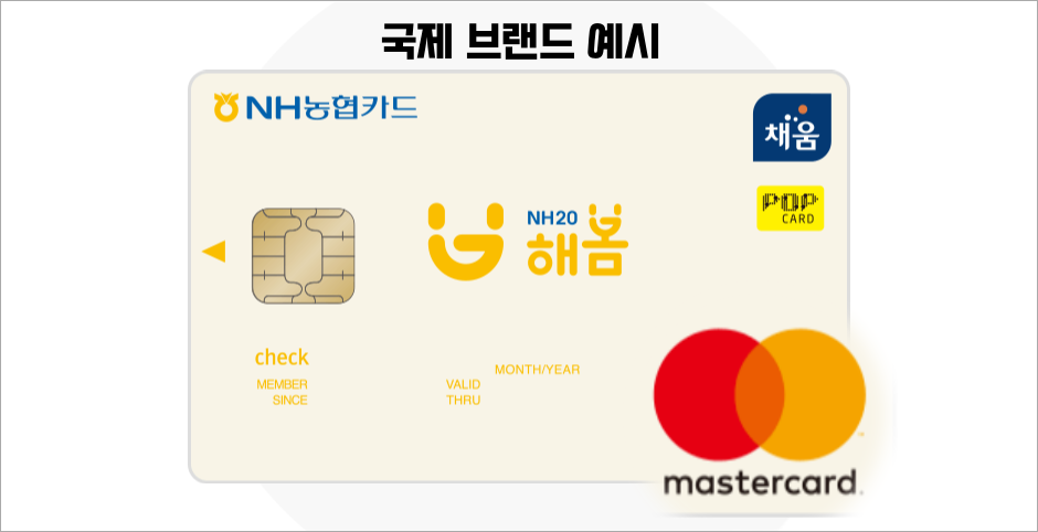 농협카드에 적용된 국제 브랜드의 예시로, 해당 카드에는 mastercard가 적용되어 카드 앞면에 mastercard 마크가 표기된 모습