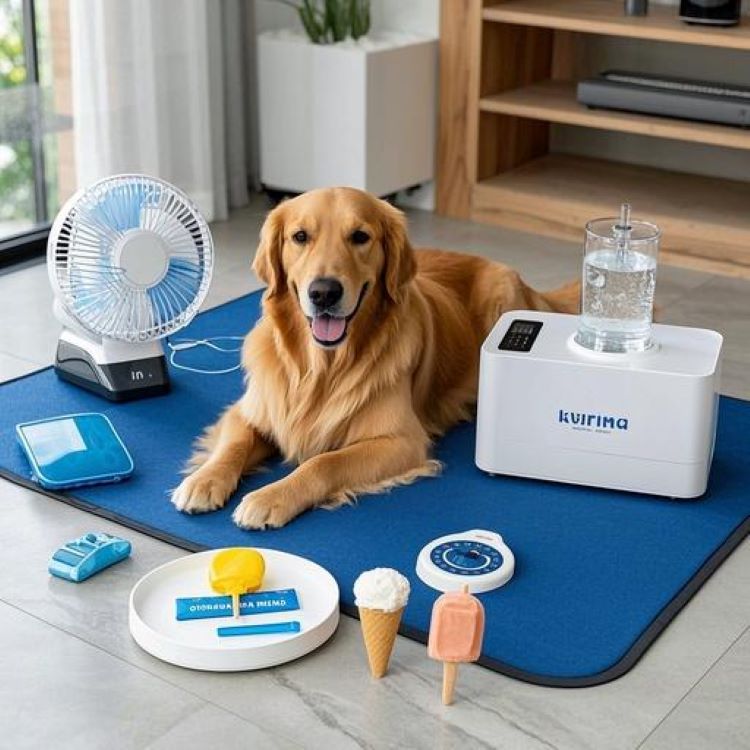 쿨링 매트 위에 편안하게 누워있는 골든리트리버가 만족스러운 표정을 짓고 있고, 주변에는 자동 급수기, 쿠링 조끼, 반려견 전용 아이스크림, 휴대용 선풍기 등 여름 필수템들이 깔끔하게 정리되어 있는 모습. 배경은 시원한 타일 바닥이 있는 현대적인 거실.