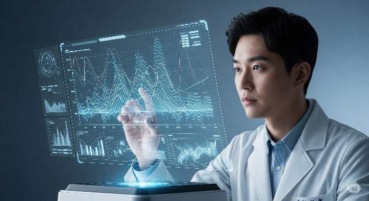 연구원이 첨단 AI 시스템 앞에서 바이오 데이터 그래프를 분석하며 집중하고 있는 모습