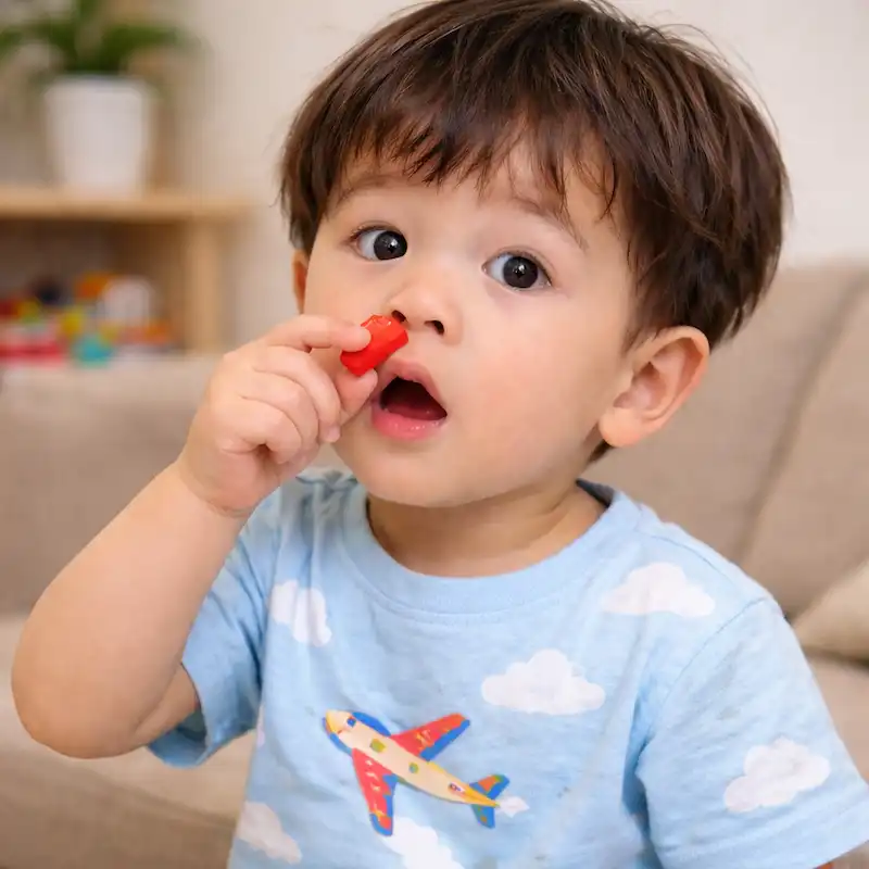 블럭 조각을 콧구멍에 넣으려는 아이의 위험한 행동을 보여주는 실내 장면