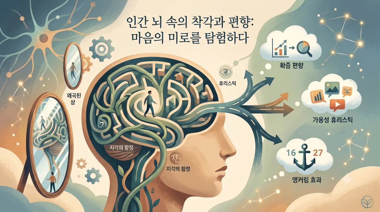 인지 편향과 뇌의 착각을 표현한 일러스트