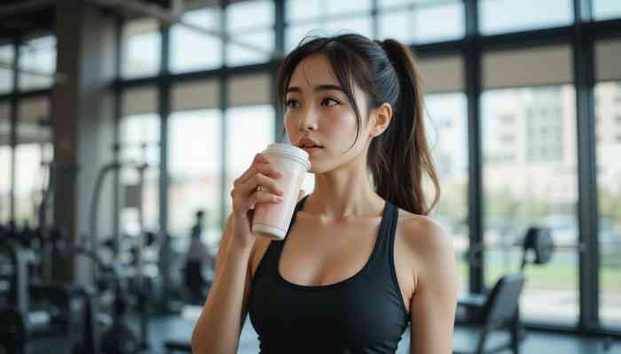 운동 후 단백질 쉐이크를 마시는 한국인 여성