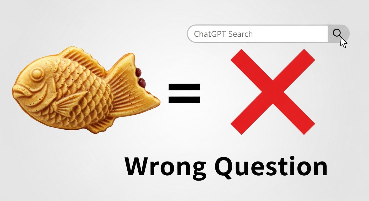 '붕어빵(측면)' 그림과 '챗GPT(검색창)'가 등호(=)로 연결되어 '틀린 질문'이라고 X 표시된 이미지