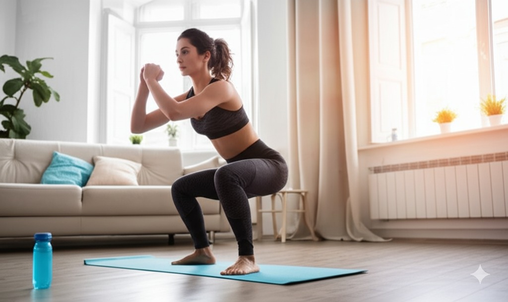 아늑한 거실에서 스쿼트를 하는 사람